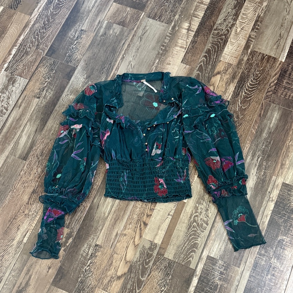 Free People Emerald Sheer Floral Ruffle Crop Blouse